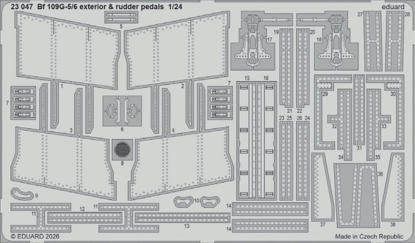 Eduard 23047 Bf 109G-5/6 exterior &amp; rudder pedals Photo etched set for AIRFIX 1/24