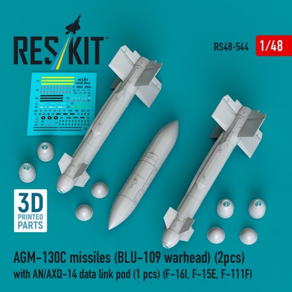 RESKIT RS48-0544 AGM-130C missiles (2 pcs) (BLU-109 warhead) with AN/AXQ-14 data link pod (1 pcs) (3D Printed) 1/48