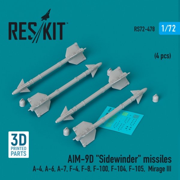 RESKIT RS72-0478 AIM-9D &quot;Sidewinder&quot; missiles (4 pcs) (3D Printed) 1/72