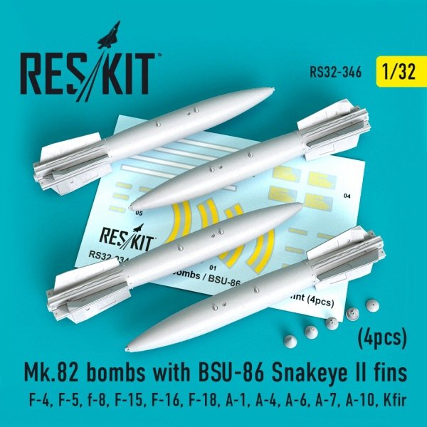 RESKIT RS32-0346 MK.82 BOMBS WITH BSU-86 SNAKEYE II FINS (4 PCS) 1/32