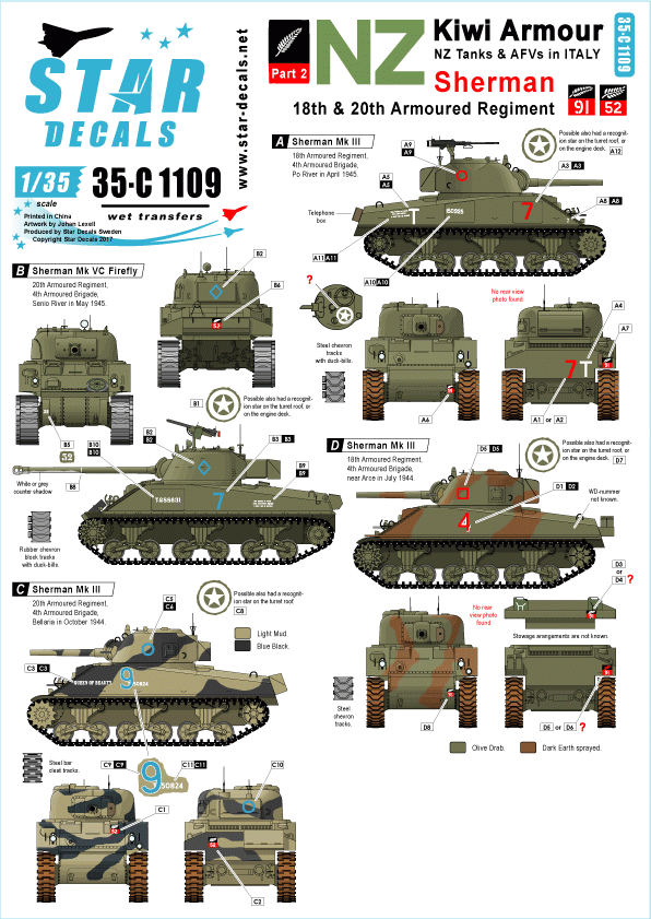 Star Decals 35-C1109 Kiwi Armour 2 - Shermans of 18th &amp; 20th Armoured Regiment 1/35