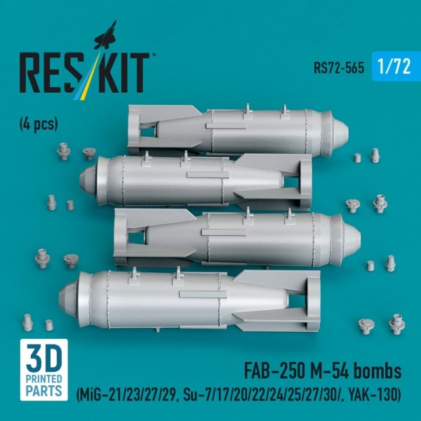 RESKIT RS72-0565 FAB-250 М-54 bombs (4 pcs) (MiG-21/23/27/29, Su-7/17/20/22/24/25/27/30/ YAK-130) (3D Printed) (1/72)