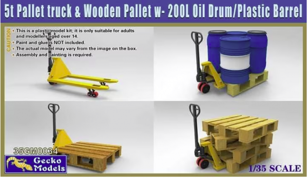 Gecko Models 35GM0034 5t Pallet Truck &amp; Wooden Pallet with 200 Litre Oil Drum and Plastic Barrel 1/35