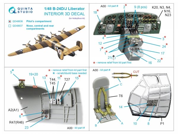 Quinta Studio QD48636 B-24D/B-24J Liberator. Pilot's compartment. 3D-Printed &amp; coloured Interior on decal paper ( HobbyBoss ) 1/48
