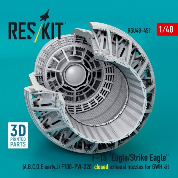 RESKIT RSU48-0451 F-15 "Eagle/Strike Eagle" (A,B,C,D,E early,J) F100-PW-220 closed exhaust nozzles for GWH kit (3D Printed) 1/48
