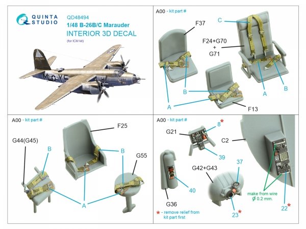Quinta Studio QD48494 B-26B/C Marauder 3D-Printed coloured Interior on decal paper (ICM) 1/48