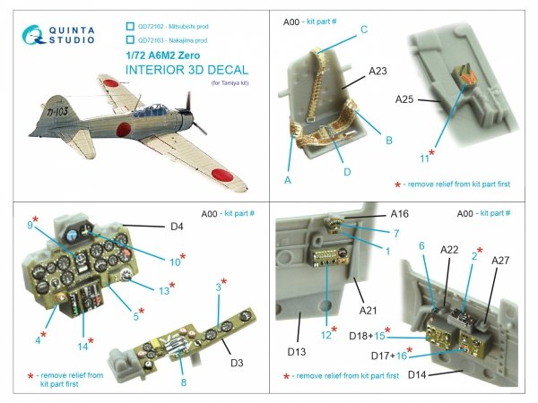 Quinta Studio QD72163 A6M2 Zero (Nakajima Prod.) 3D-Printed coloured Interior on decal paper (Tamiya) 1/72