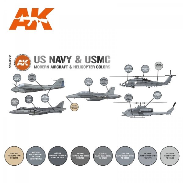 AK Interactive AK11744 US NAVY &amp; USMC MODERN AIRCRAFT &amp; HELICOPTER COLORS 8x17 ml