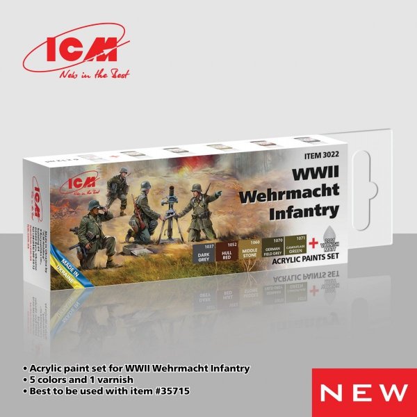 ICM 3022 Acrylic Paint Set for WWII Wehrmacht Infantry 5x12ml + Maat Varnish