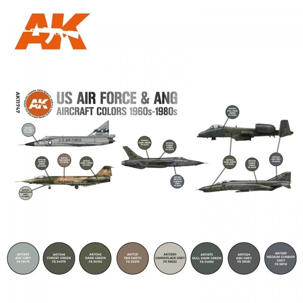 AK Interactive AK11747 US AIR FORCE &amp; ANG AIRCRAFT COLORS 1960S-1980S 8x17 ml