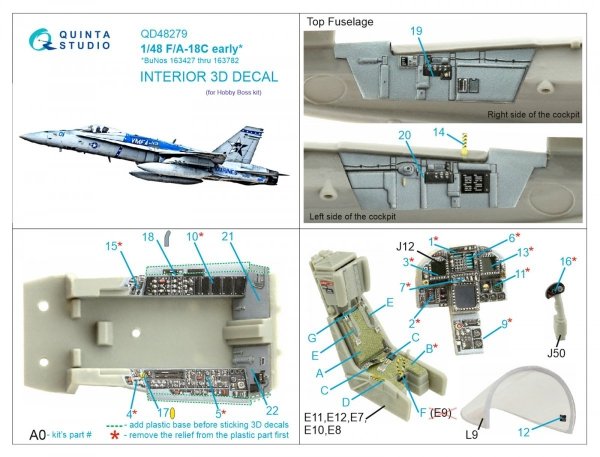 Quinta Studio QD48279 F/A-18C early 3D-Printed &amp; coloured Interior on decal paper (HobbyBoss) 1/48