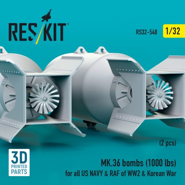 RESKIT RS32-0548 MK.36 bombs (1000 lbs) for all US NAVY &amp; RAF of WW2 &amp; Korean War (2 pcs) (3D Printed) 1/32