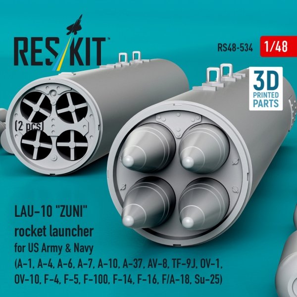 RESKIT RS48-0534 LAU-10 "ZUNI" rocket launcher for US Army &amp; Navy (2 pcs) (A-1, A-4, A-6, A-7, A-10, A-37, AV-8, TF-9J, OV-1, OV-10, F-4, F-5, F-100, F-14, F-16, F/A-18, Su-25) (3D Printed) (1/48)