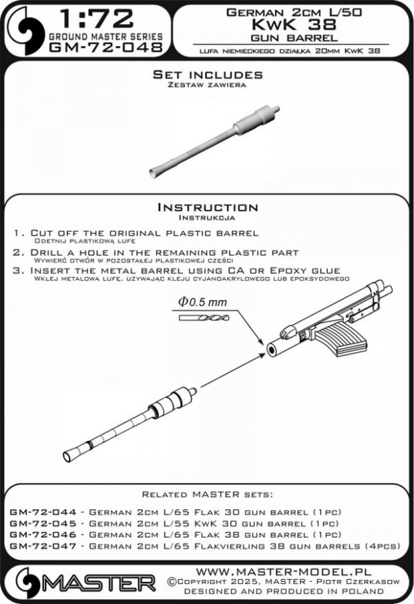 Master GM-72-048 Lufa niemieckiego działka 2cm L/50 Kw.K. 38 (1 szt.) 1/72