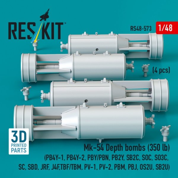 RESKIT RS48-0573 Mk-54 Depth bombs (350 lb) (4 pcs) (PB4Y-1, PB4Y-2, PBY/PBN, PB2Y, SB2C, SOC, SO3C, SC, SBD, JRF, J4F, TBF/TBM, PV-1, PV-2, PBM, PBJ, OS2U, SB2U) (3D Printed) (1/48)