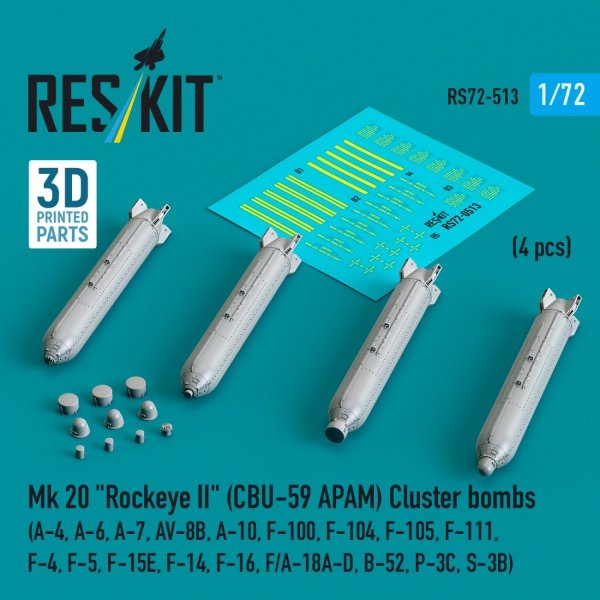 RESKIT RS72-0513 Mk 20 "Rockeye II" (CBU-59 APAM) Cluster bombs (A-4, A-6, A-7, AV-8B, A-10, F-100, F-104, F-105, F-111, F-4, F-5, F-15E, F-14, F-16, F/A-18A-D, B-52, P-3C, S-3B) (4 pcs) (3D Printed) (1/72)