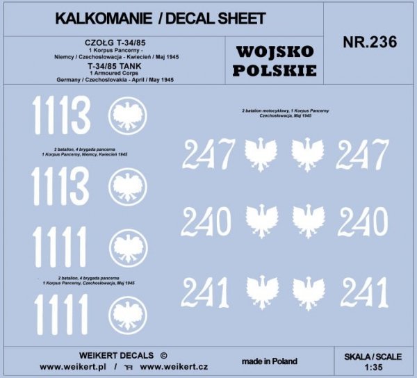 Weikert Decals DEC236 WOJSKO POLSKIE - CZOŁG T-34/85 - 1 Korpus Pancerny 1/35