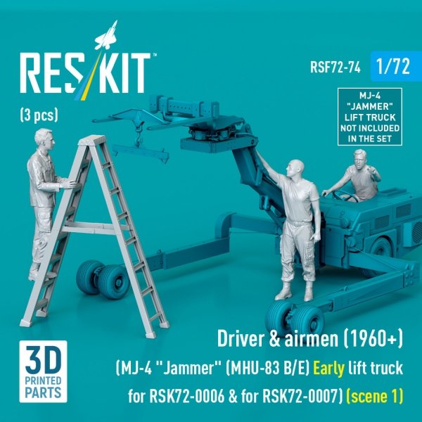 RESKIT RSF72-0074 Driver &amp; airmen (1960+) (3 pcs) (MJ-4 &quot;Jammer&quot; (MHU-83 B/E) Early lift truck for RSK72-0006 &amp; for RSK72-0007) (scene 1) (3D Printed) 1/72