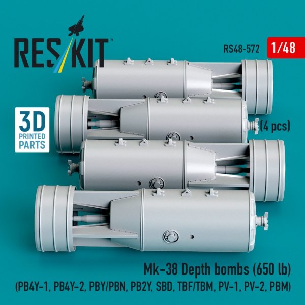 RESKIT RS48-0572 Mk-38 Depth bombs (650 lb) (4 pcs) (PB4Y-1, PB4Y-2, PBY/PBN, PB2Y, SBD, TBF/TBM, PV-1, PV-2, PBM) (3D Printed) (1/48)