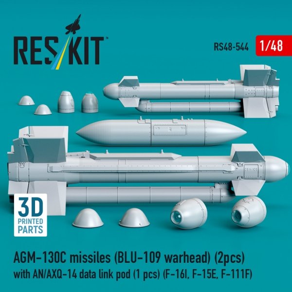 RESKIT RS48-0544 AGM-130C missiles (2 pcs) (BLU-109 warhead) with AN/AXQ-14 data link pod (1 pcs) (3D Printed) 1/48