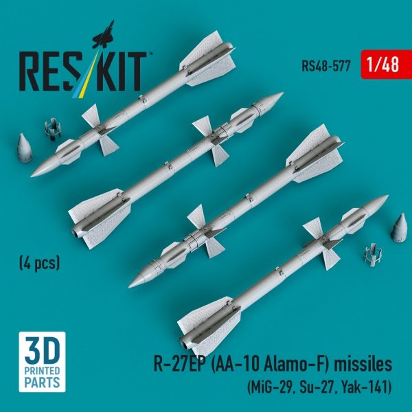 RESKIT RS48-0577 R-27EP (AA-10 Alamo-F) missiles (4 pcs) (MiG-29, Su-27, Yak-141) (3D Printed) (1/48)