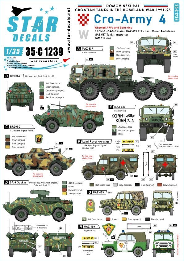 Star Decals 35-C1239 BRDM-2, SA-9 Gaskin, UAZ 469 4x4, Land Rover Ambulance, MAZ 537 Tank Transporter, TAM 110 4x4 Light Truck 1/35