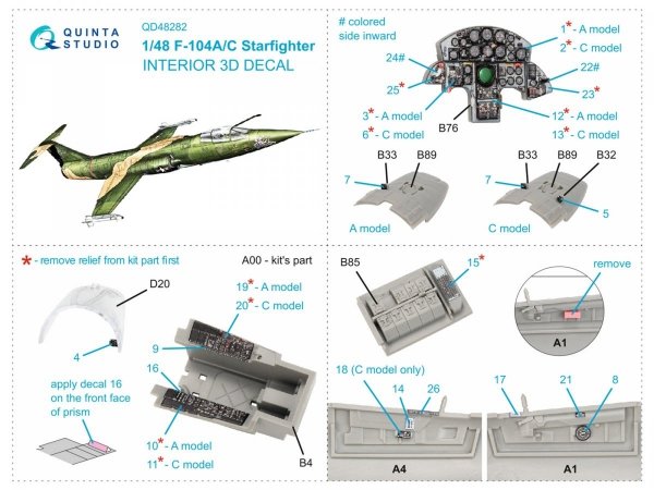 Quinta Studio QD48282 F-104A/С 3D-Printed &amp; coloured Interior on decal paper (Kinetic) 1/48