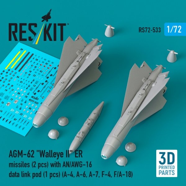 RESKIT RS72-0533 AGM-62 "Walleye II" ER missiles (2 pcs) with AN/AWG-16 data link pod (1 pcs) (A-4, A-6, A-7, F-4, F/A-18) (3D Printed) (1/72)