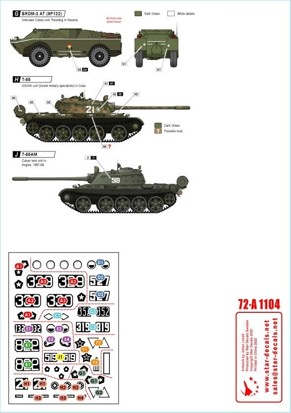 Star Decals 72-A1104 Tanks &amp; AFVs in Cuba # 2. T-34/85, IS-2M, T-54A, T-55, T-55A, T-62A, ZSU-57-2, BRDM-2 (9P122). 1/72