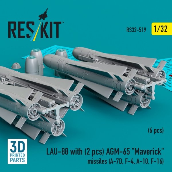 RESKIT RS32-0519 LAU-88 with (2 pcs) AGM-65 &quot;Maverick&quot; missiles (6 pcs) (3D Printed) 1/32