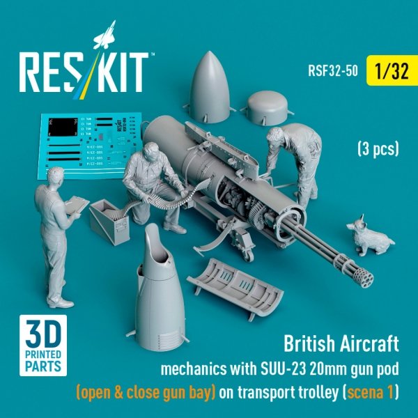RESKIT RSF32-0050 British Aircraft mechanics with SUU-23 20mm gun pod (open &amp; close gun bay) on on transport trolley (scene 1) (3 pcs) (3D Printed)  (1/32)
