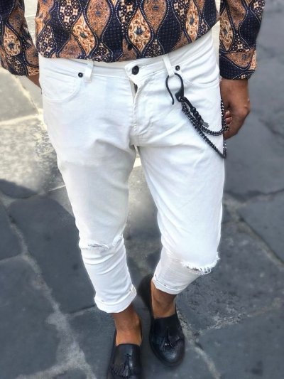 Jeans uomo bianco strappato - Jeans con catena - Slim