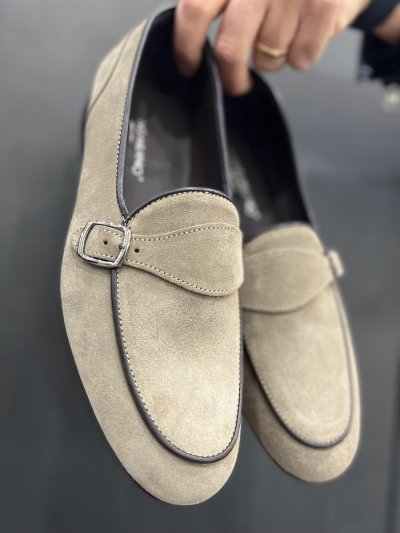 Męskie buty skórzane- Beżowe - Monki - Made in Italy