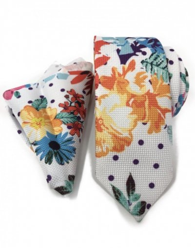 Krawat w kolorowe kwiaty -  Komplet z poszetką