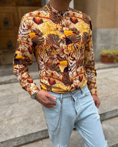 Koszula męska, wzorzysta, motyw kwiatowy - Kołnierz koreano - Made in Italy