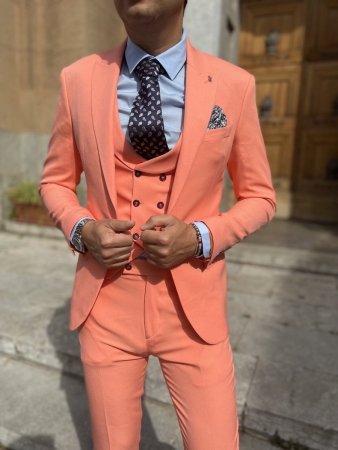 Elegancki garnitur męski, trzyczęściowy - Kolor łososiowy - Made in Italy