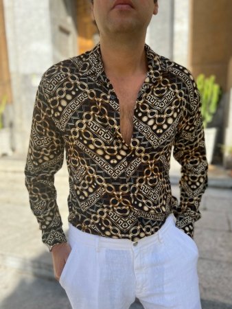  Koszula męska, ozdobny barokowy wzór w kolorze złotym – Made in Italy