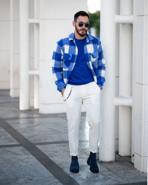 Camicia uomo, a quadri  - Tartan, bianco e azzurro - Gogolfun.it