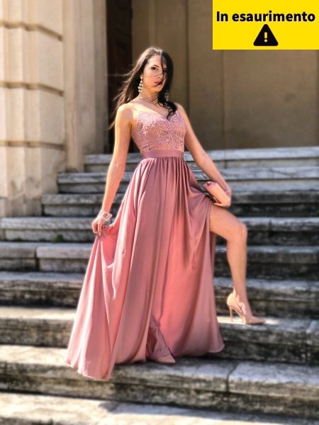 Vestito rosa cipria - Lungo - Elegante - Con spacco - Vestiti eleganti - Gogolfun.it