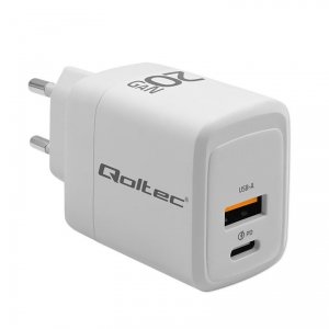 OUTLET: Ładowarka sieciowa Qoltec 20W GaN | 5-20V | 1.5-3A | 1xUSB-C PD | 1xUSB QC 3.0 | Biała - OTW OPAK