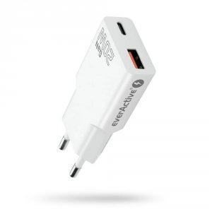 Ładowarka sieciowa everActive GaN SUPER SLIM SC-340Q QC3.0 USB-C PD 20W biała