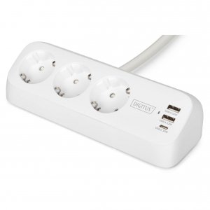 Listwa zasilająca biurkowa DIGITUS 3 gniazda Schuko, 2x USB-A (2x 12W), 1x USB-C (30W) z zaciskiem na blat, kabel 1,5m, biała