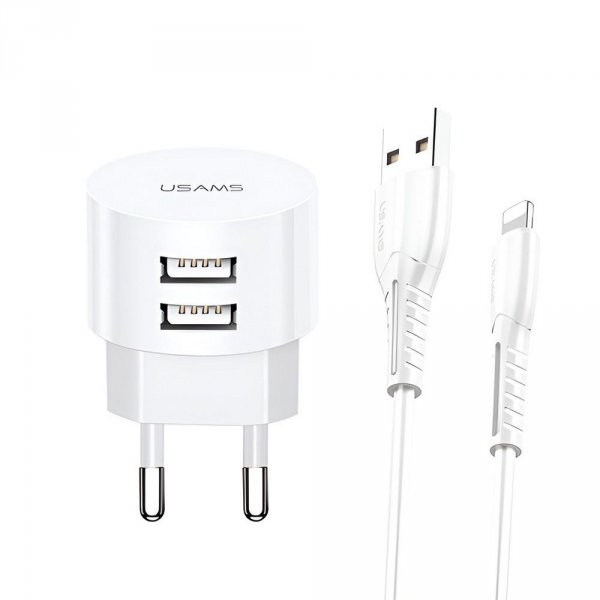 Ładowarka sieciowa Usams T20 2,1A 2xUSB+kabel Lightning - biała