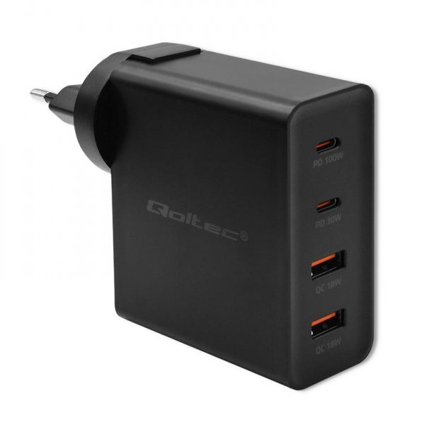 Ładowarka sieciowa Qoltec GaN POWER PRO | 2xUSB-C | 2xUSB | 130W | 5-20V | 1.5-5A | PD | Czarna