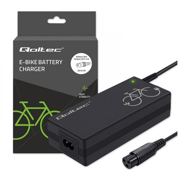 Ładowarka Qoltec do roweru elektrycznego 36V | 42V | 2A | 3P-GX16 +kabel zasilający