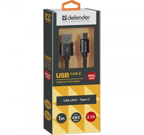Kabel USB Defender AM-TYPE C 1m 2,1A czarny