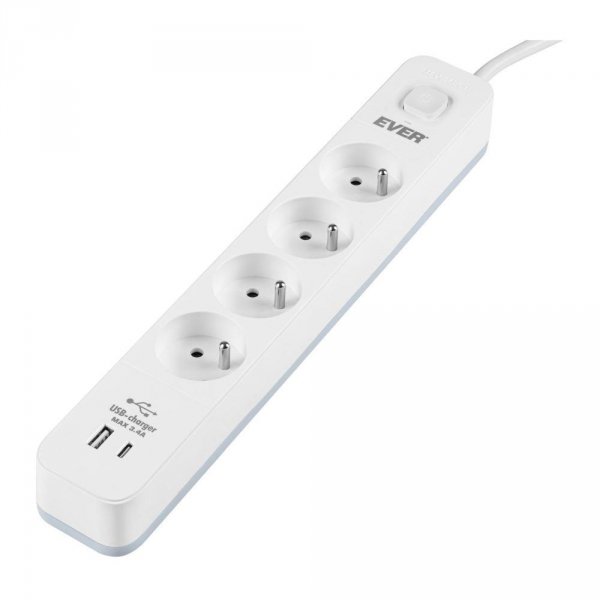 OUTLET: Listwa antyprzepięciowa Ever Protect 4PL 1A1C USB 1,5m biała - OTW OPAK