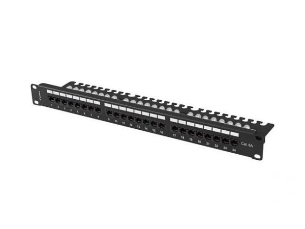 Patch panel 24 port 1U 19&amp;quot; kat.6a UTP z organizerem kablowym czarny