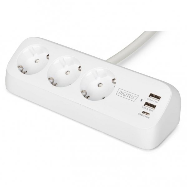Listwa zasilająca biurkowa DIGITUS 3 gniazda Schuko, 2x USB-A (2x 12W), 1x USB-C (30W) z zaciskiem na blat, kabel 1,5m, biała