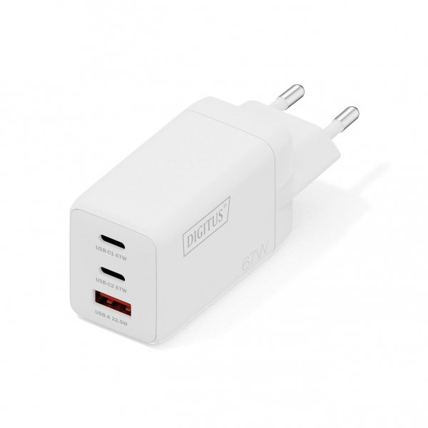 Ładowarka sieciowa DIGITUS GaN II 67W, 2x USB-C, 1x USB-A, PD 3.0, QC 3.0, biała